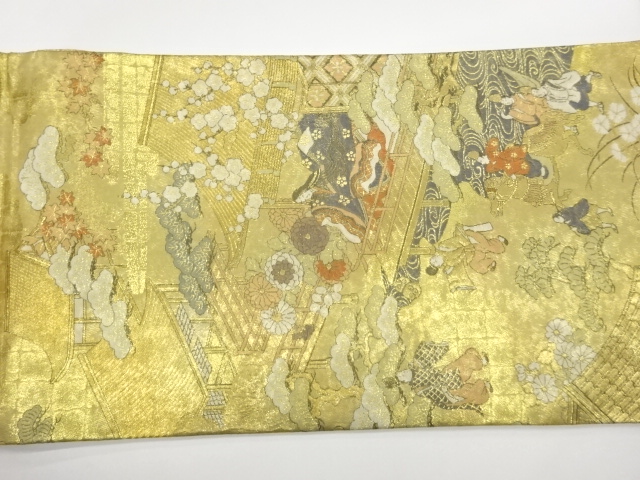  屋敷に時代人物・松・梅模様織出し丸帯